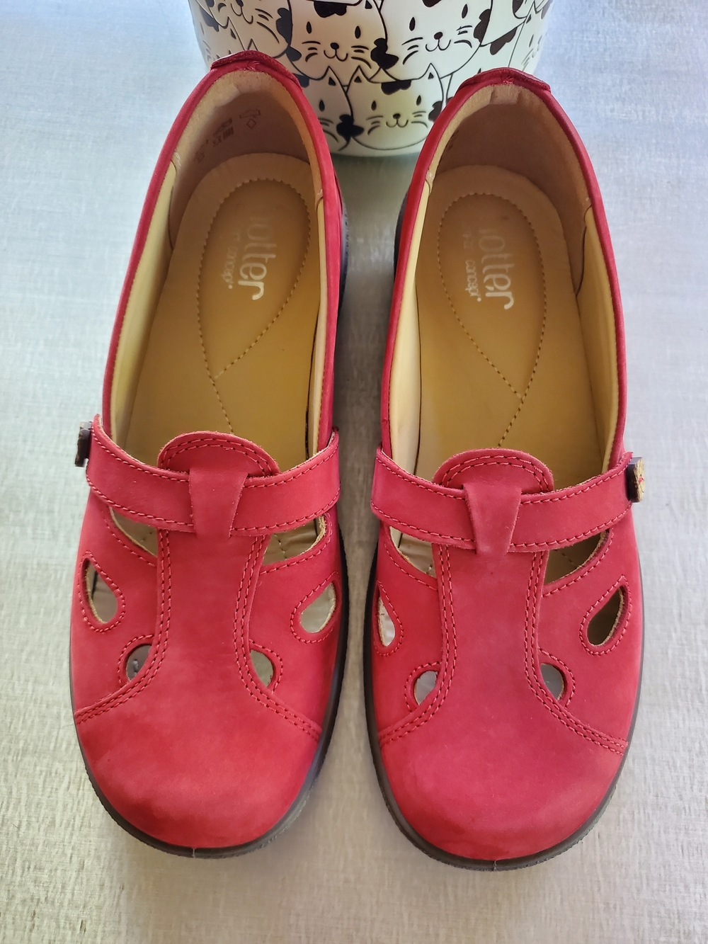 hotter Women's Red Suede T Bar Flats With Cutout Detail